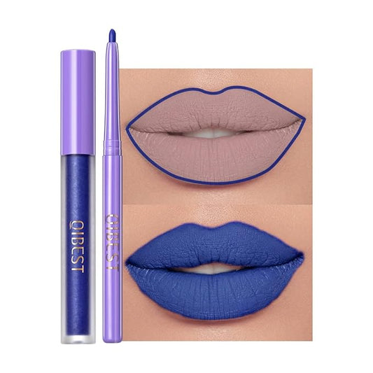 2 Pcs Halloween Dark Matte Liquid Lipstick + Lip Liner Pens Sets, 8 Colors High Pigmented Goth Sexy & Bold Lip Gloss, 24H Waterproof Long-lasting Matte Lipstick , Non-Stick Cup Velvety Lip Makeup for Women (Blue)