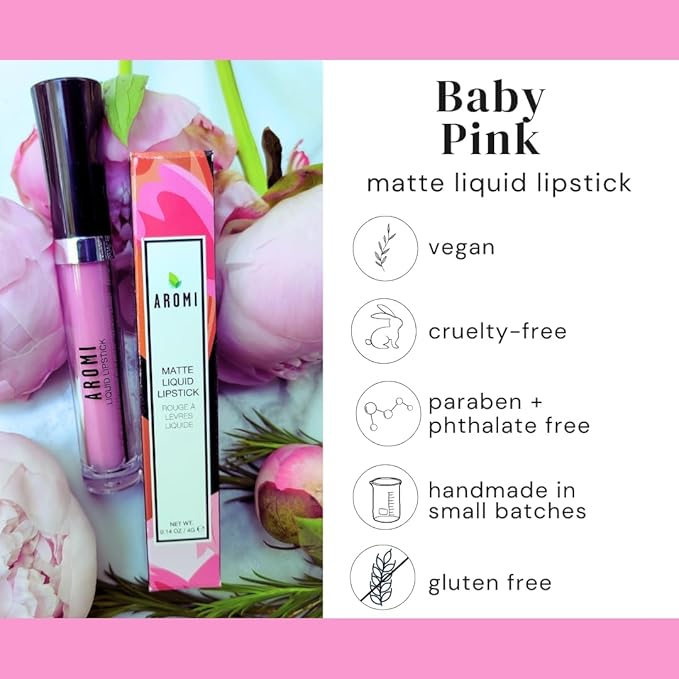 Aromi Baby Pink Matte Liquid Lipstick, Light Pink Lip Color, Smudge Proof, Waterproof, and Long-lasting Lipstick, Vegan and Cruelty-free, Handmade (Baby Pink)