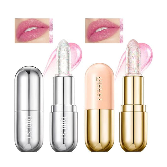 2Pcs Glimmer Crystal Jelly Color Changing Lipstick,Long Lasting Glimmer