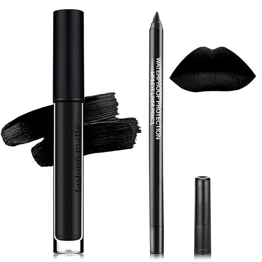 Black Matte Liquid Lipstick,2 Pcs Lip Liner Gloss