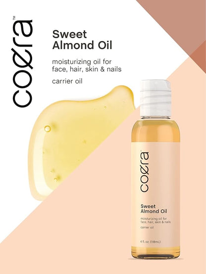 Coera Sweet Almond Oil for Face, Hair, Skin & Nails | 4 fl oz | Cold Pressed & Hexane Free | Carrier Oil | Free of Parabens, SLS, & Fragrances