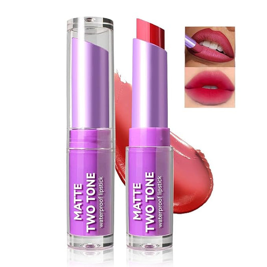 Pink Lip Gloss Two Tone Matte Lipstick, Long Lasting Moisturize Non-Sticky Bitten Lip-look Lip Makeup, Silk Finish Matte Lipstick, High Pigment 2 In1 Two-Tone Lip Waterproof Lipstick for Women (#04)