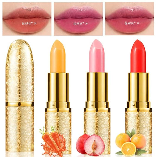 3 Pcs Waterproof Color Changing Lipstick - Glossy Finish, Moisturizing, Long Lasting, Adjustable Color Depth