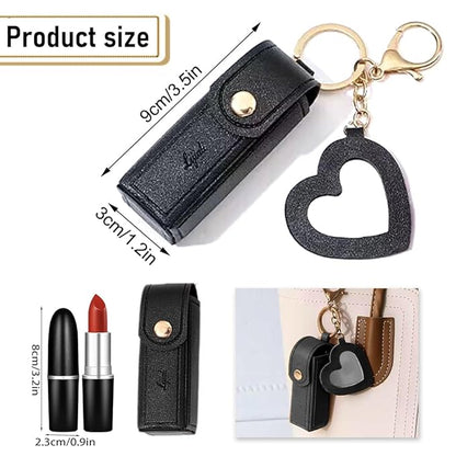 2 pcs Lipstick Cases Keychain Chapstick Case Holder Lip Balm Sleeves Pouch with Mirror Heart Shaped, Portable Leather Lip Gloss Mini Bags Stocking Stuffers (black+white)