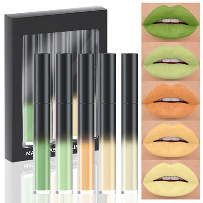 evpct 5Pcs Light Neon Yellow Orange Green Matte Liquid Lipstick Lip Stain Sets for Women Matte+Lipstick Long Lasting 24 hr Hours Magic Lipstick 24 Hours original Waterproof Set04