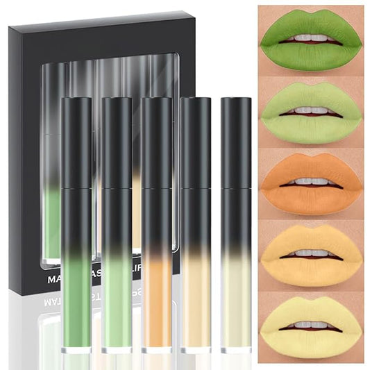 evpct 5Pcs Light Neon Yellow Orange Green Matte Liquid Lipstick Lip Stain Sets for Women Matte+Lipstick Long Lasting 24 hr Hours Magic Lipstick 24 Hours original Waterproof Set04