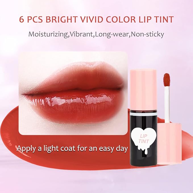 6 Colors Lip Tint Stain Set, Korean Lip Gloss Lip Tint Stain Plumping Mini Liquid Lipstick, Multi-use Lip and Cheek Tint, Long lasting Non-Stick Cup Waterproof, High Pigment, Vivid Color, Lip Tint Makeup…