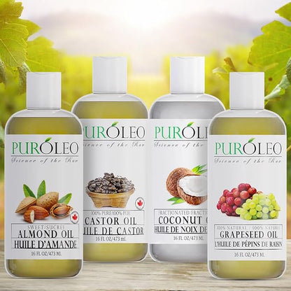PURÓLEO Carrier Oil Gift Set- 4 Pcs - Coconut Oil- Almond Oil - Castor Oil - Grapeseed Oil - 100% Natural Moisturizing Massage 4 Pc (16 Fl Oz)