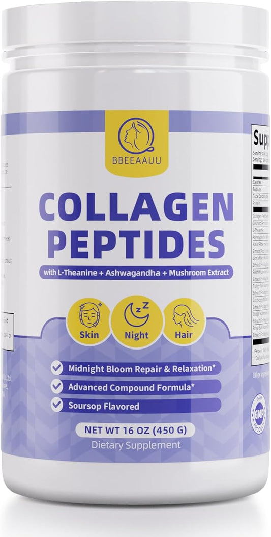 Collagen Peptides Powder for Women & Men, Marine Collagen Supplements with Hydrolyzed Type I & V, L-Theanine, Ashwagandha, 6 Mushroom Extract, Supports Night, Skin*, Hair, Nail, Joint