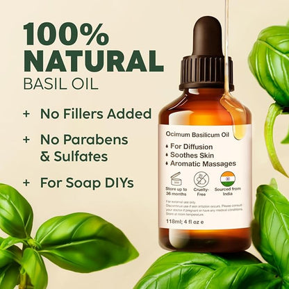 Kukka Basil Essential Oil for Diffusers - 4 Fl Oz - 100% Pure Natural Basil Oil for Skin & Aromatherapy Scent Massage Candles & Soaps Making Scent