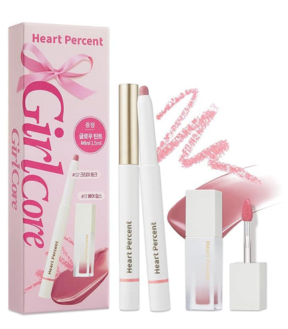 Heart Percent Dote On Mood Overlip Pencil & Stain Duo Set, Long-Lasting Creamy Lip Crayon & Pure Glow Tint Dewy Moisturizing Liquid Lipstick, #GirlCore Overlip Set