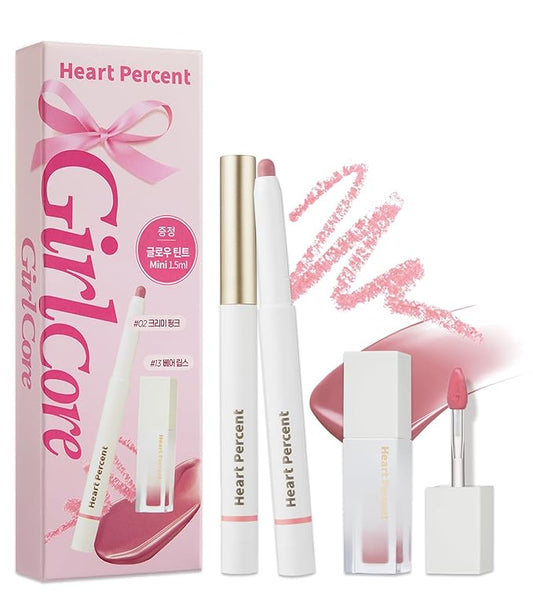 Heart Percent Dote On Mood Overlip Pencil & Stain Duo Set, Long-Lasting Creamy Lip Crayon & Pure Glow Tint Dewy Moisturizing Liquid Lipstick, #GirlCore Overlip Set