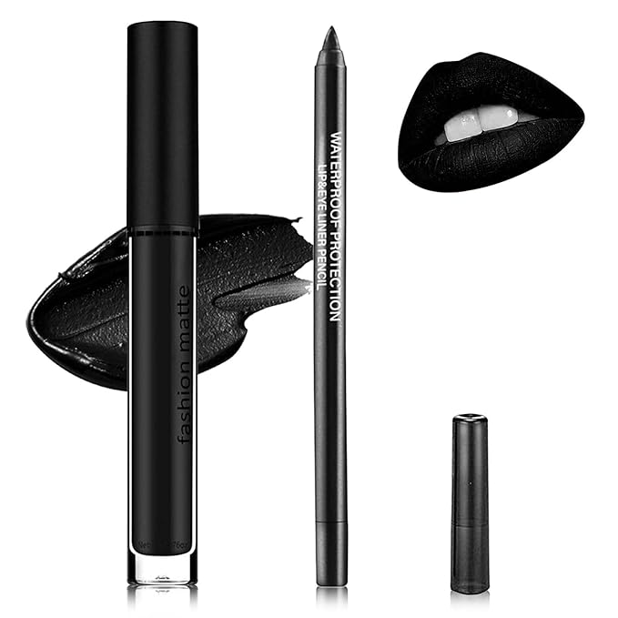 2Pcs Black Lip Liner and Lipstick Set,Matte Black Smudge