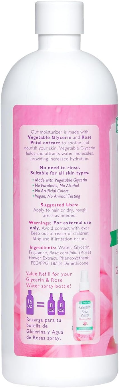 De La Cruz Rose Water and Glycerin for Face - Rosewater Facial Toner and Moisturizer for Skin and Hair Refill Bottle 16 fl oz. (473 mL) - 1 Bottle