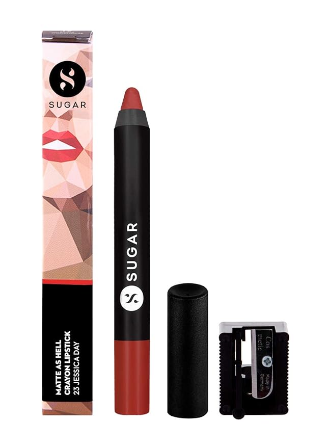 SUGAR Cosmetics Matte As Hell Crayon Lipstick With Free Sharpner, Long Lasting Matte Lip Crayon - 23 Jessica Day (Dusty Coral), 2.8 g