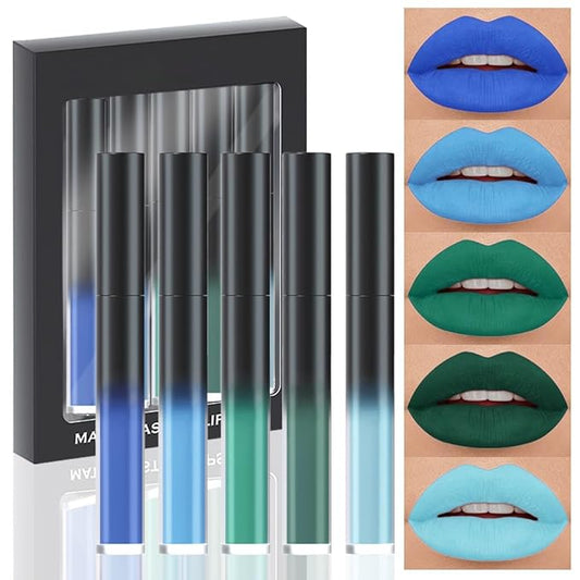 evpct 5Pcs Dark Light SKy Blue Emerald Green Matte Liquid Lipstick Lip Stain Sets for Women Matte+Lipstick Long Lasting 24 hr Hours Magic Lipstick 24 Hours original Waterproof Set03