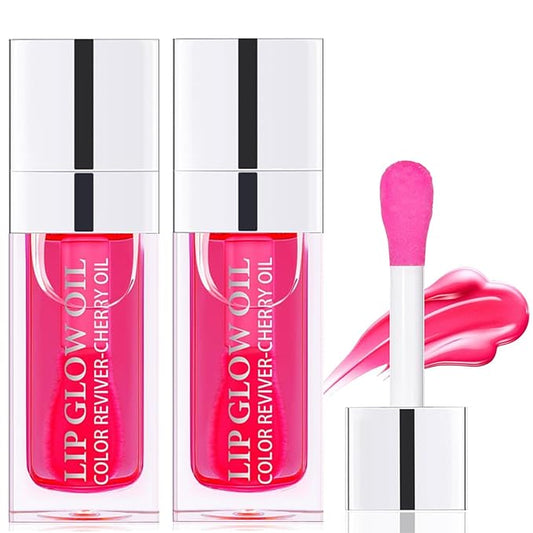 2PCS Hydrating Lip Glow Oil, Lip Plumper Gloss, Moisturizing Lip Oil, No-Sticky Transparent Plumping Lip Gloss Tinted Lip Balm for Lip Care and Dry Lips (2PCS Cherry)