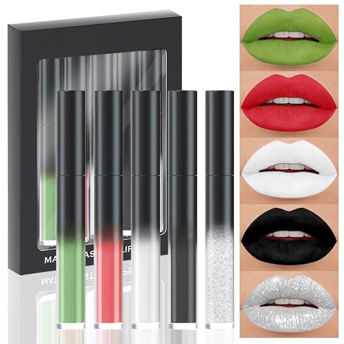 evpct 5Pcs Black Green Red White Silver White Matte Liquid Lipstick Lip Stain Sets for Women Matte+Lipstick Long Lasting 24 hr Hours Magic Lipstick 24 Hours original Smudge Waterproof Set07