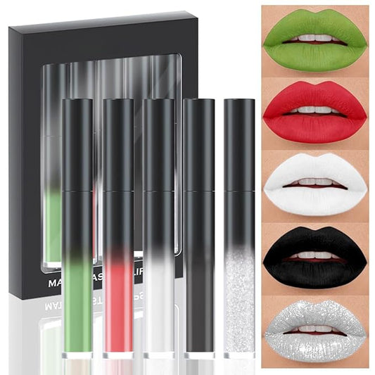 evpct 5Pcs Black Green Red White Silver White Matte Liquid Lipstick Lip Stain Sets for Women Matte+Lipstick Long Lasting 24 hr Hours Magic Lipstick 24 Hours original Smudge Waterproof Set07