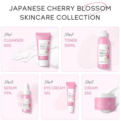 Korean Skin Care Set - Sakura Skin Care Sets & Kits - Women Gift Sets with Cleanser-Toner-Serum-Face Cream-Eye Cream-Skin Care Routine Kit for Women (One Size, Cherry Blossom-Start Kit)