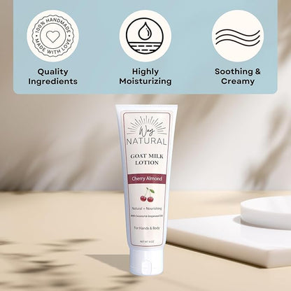 Goat Milk Lotion, Cherry Almond (8oz) - Natural Hand & Body Lotion - Dry Skin Relief, USA Made - Goat Milk Hand Cream for Women & Men - w/Shea Butter & Aloe