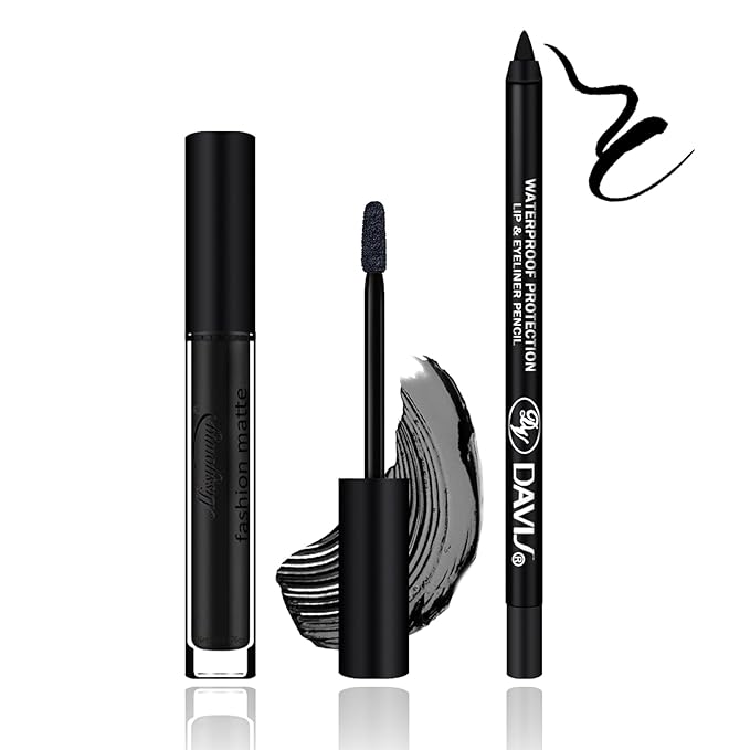 2Pcs Black Matte Lipstick and Lipliner Set,Velvet Liquid Gloss