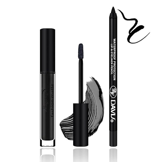 2Pcs Black Matte Lipstick and Lipliner Set,Velvet Liquid Gloss