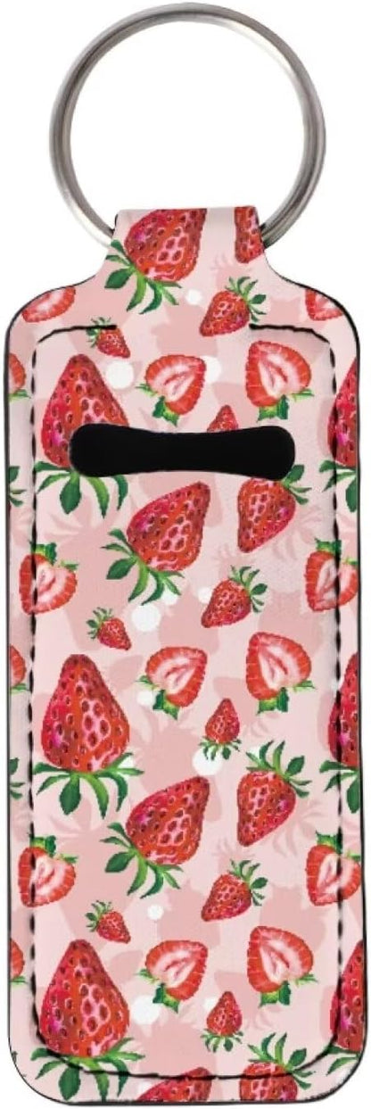 Horeset Pink Strawberry Print Chapstick Holder Keychain Lipstick, Lightweight