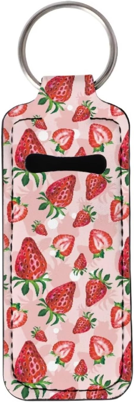 Horeset Pink Strawberry Print Chapstick Holder Keychain Lipstick, Lightweight