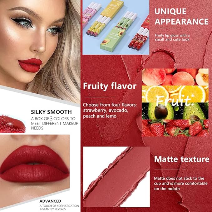 AKARY 3Pcs Fruit Matte Lipstick Set, Liquid Velvety Long