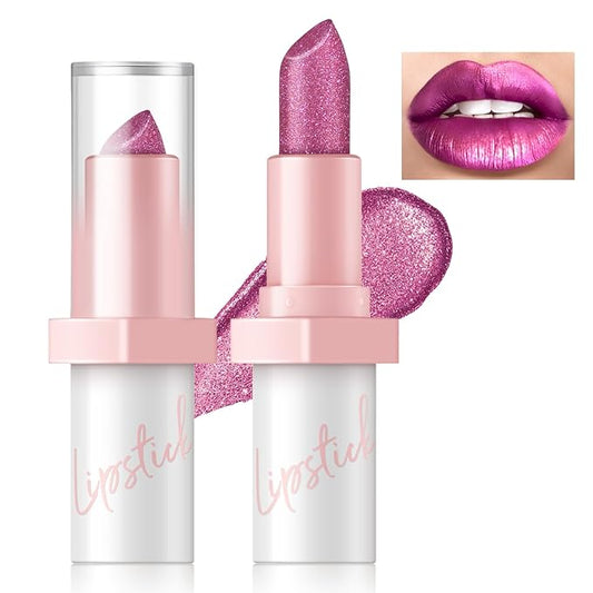 Metallic Pink Lipstick Long Lasting, High Shine Glitter Long
