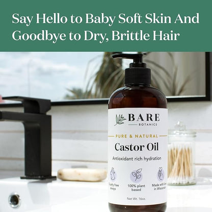 BARE BOTANICS 100% Pure Castor Body Oil 16 oz - Hexane Free & Natural for All Over Moisturization - Multipurpose Carrier Oil for DIY - Hydrate Dry Skin, Hair & Body - Vegan & Cruelty Free Beauty