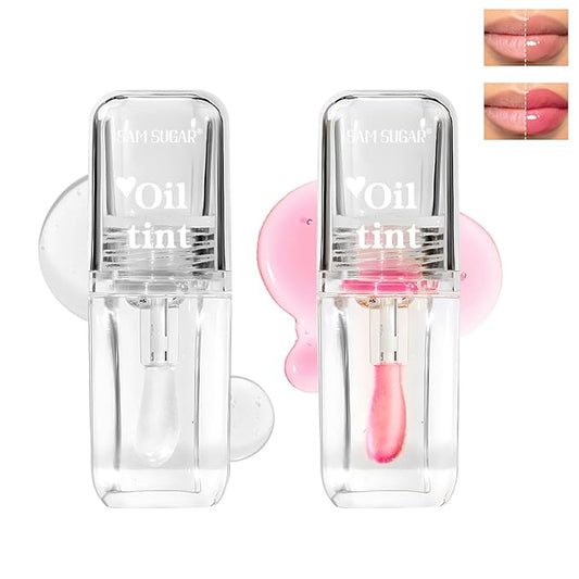 2 Pcs Magic Color Changing Lip Oil, Long Lasting Glitter Shimmer Lip Gloss with Big Brush, Non-sticky and Fresh Texture Lip Glow Oil, Moisturizing Lip Care Makeup (Clear, 01# + 03#)