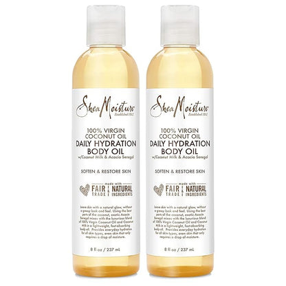 SheaMoisture Body Oil, Daily Hydration 2-Pack – Lightweight, Non-Greasy Moisturizer with 100% Extra Virgin Coconut Oil, Coconut Milk, and Acacia Senegal, 8 Oz Ea