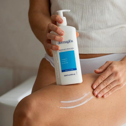 Dermaglos Moisturizing Body Lotion for Dry Skin with Extra Vitamin A, Vitamin E & Allantoin | Hydrating Emulsion & Regenerating formula for Stretch Marks, Tattoos, Scars & Wrinkles | 13.52 Fl Oz