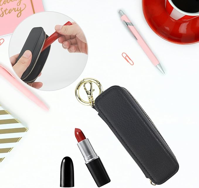 Bocasal Leather Lipstick Case Holder Chapstick Keychain Pouch, Zipper Lip Balm Lip Gloss Bag for Purse with Key Chain Elastic Band, Makeup Travel Organizer Cosmetic Storage Kit for Women Girls (Black)