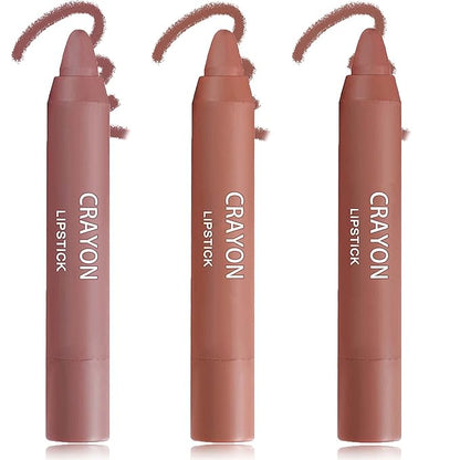 3 Pcs Nude Crayon Lipstick Set,Matte Velvet Lipstick Lip Crayon Nourishing Non-Stick Cup Lip Stain Lip Gloss,Long-lasting Waterproof Lip Stick Lip Makeup for Women(Set B)