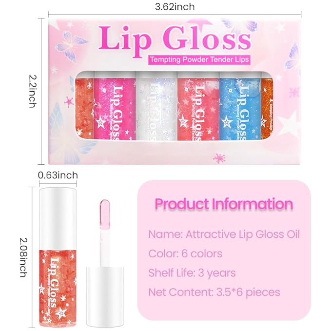 6 Pcs Hydrating Sparkly Lip Oil Lip Gloss,Moisturizing Hydrating