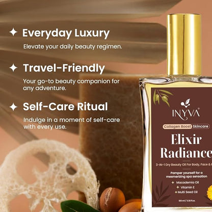 Elixir Radiance 3-in-1 Luxurious Dry Beauty Oil for Face, Body, & Hair - Vitamin E & Macadamia Oil -Hydrating, Non Greasy & Lightweight - Radiant Glow - 3.38 Oz