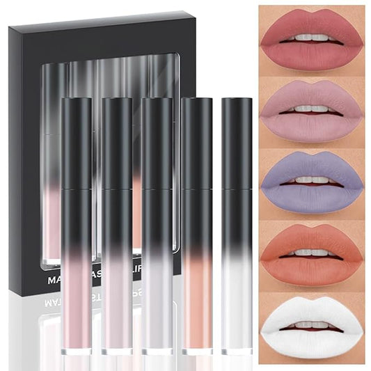 evpct 5Pcs Dusty Antique Rose Mauve Nude pink Grey Gray White Matte Liquid Lipstick Lip Stain Sets for Women Matte+Lipstick Long Lasting 24 hr Hours Magic Lipstick 24 Hours original Waterproof Set06