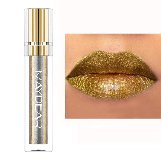 Maydear Chameleon Lipstick, High Pigmented Gold Lipstick for Women Metallic Shine Lip Gloss, Full-Coverage Multichrome Lipstick Long Lasting Rainbow Lip Makeup, Golden Bronze(07)