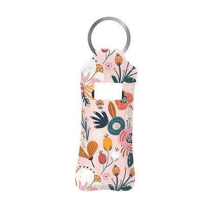 Pink Abstract Flowers Chapstick Holder Keychain, Portable Lip Gloss