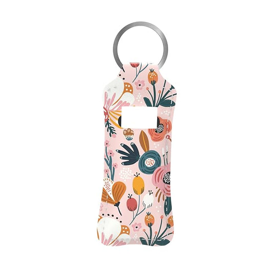 Pink Abstract Flowers Chapstick Holder Keychain, Portable Lip Gloss