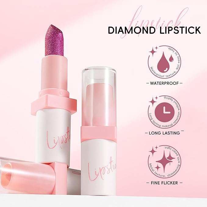 Metallic Pink Lipstick Long Lasting, High Shine Glitter Long