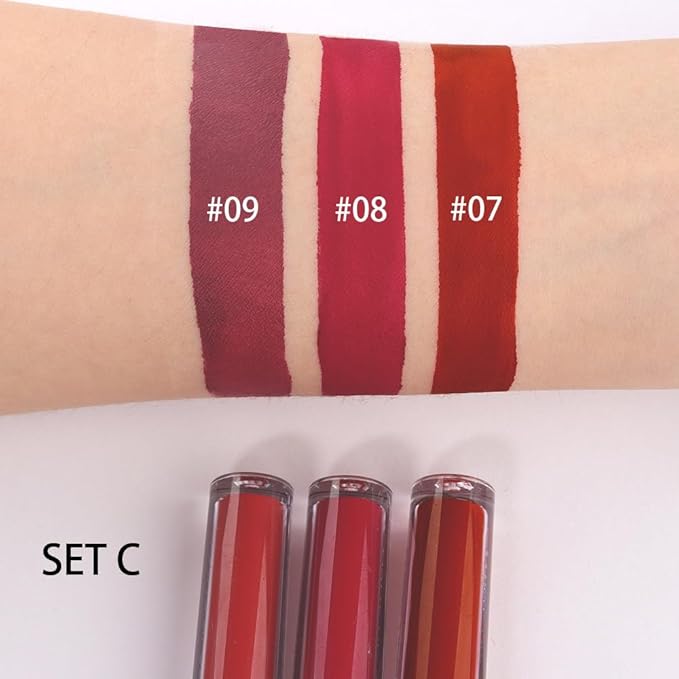 3Pcs Dark Red Matte Velvet Lipgloss Set,Brick Red Lipgloss