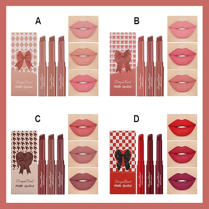 3 Colors Red Tube Lipstick, Cigarette Lipstick Set, Labiales Mate Velvet Lipstick Moisturizer & Smooth, Long Lasting 24 Hours Waterproof (Set B)
