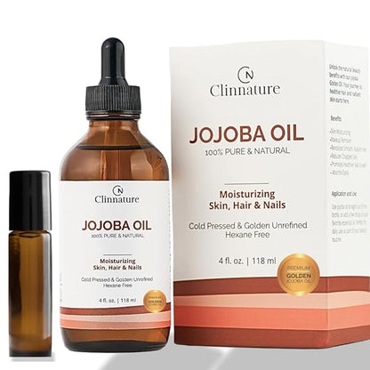Jojoba Golden Oil – 100% Pure & Cold Pressed for Hair, Nails & Skin | Jojoba Oil with Vitamin E for Moisturizing & Repair | Face & Body Oil with Dropper & Roller Applicator
