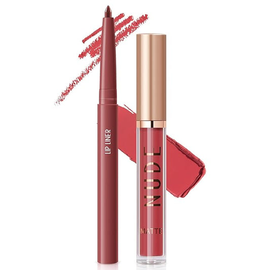 2Pcs Matte Liquid Lipstick and Lip Liner Set,Waterproof Gloss