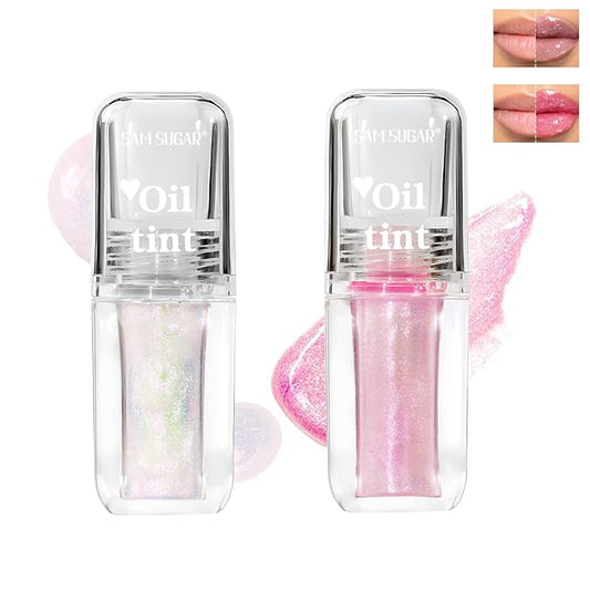 2 Pcs Magic Color Changing Lip Oil, Long Lasting Glitter Shimmer Lip Gloss with Big Brush, Non-sticky and Fresh Texture Lip Glow Oil, Moisturizing Lip Care Makeup (Glitter, 02# + 04#)