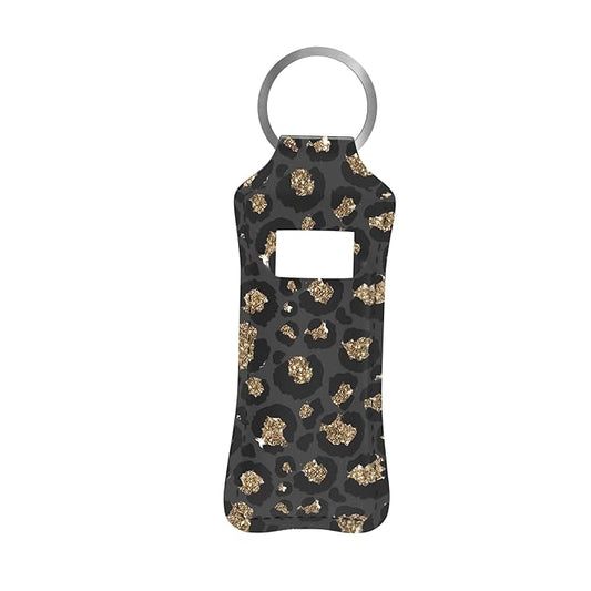 Black Gold Leopard Cheetah Chapstick Holder Keychain, Portable Gold